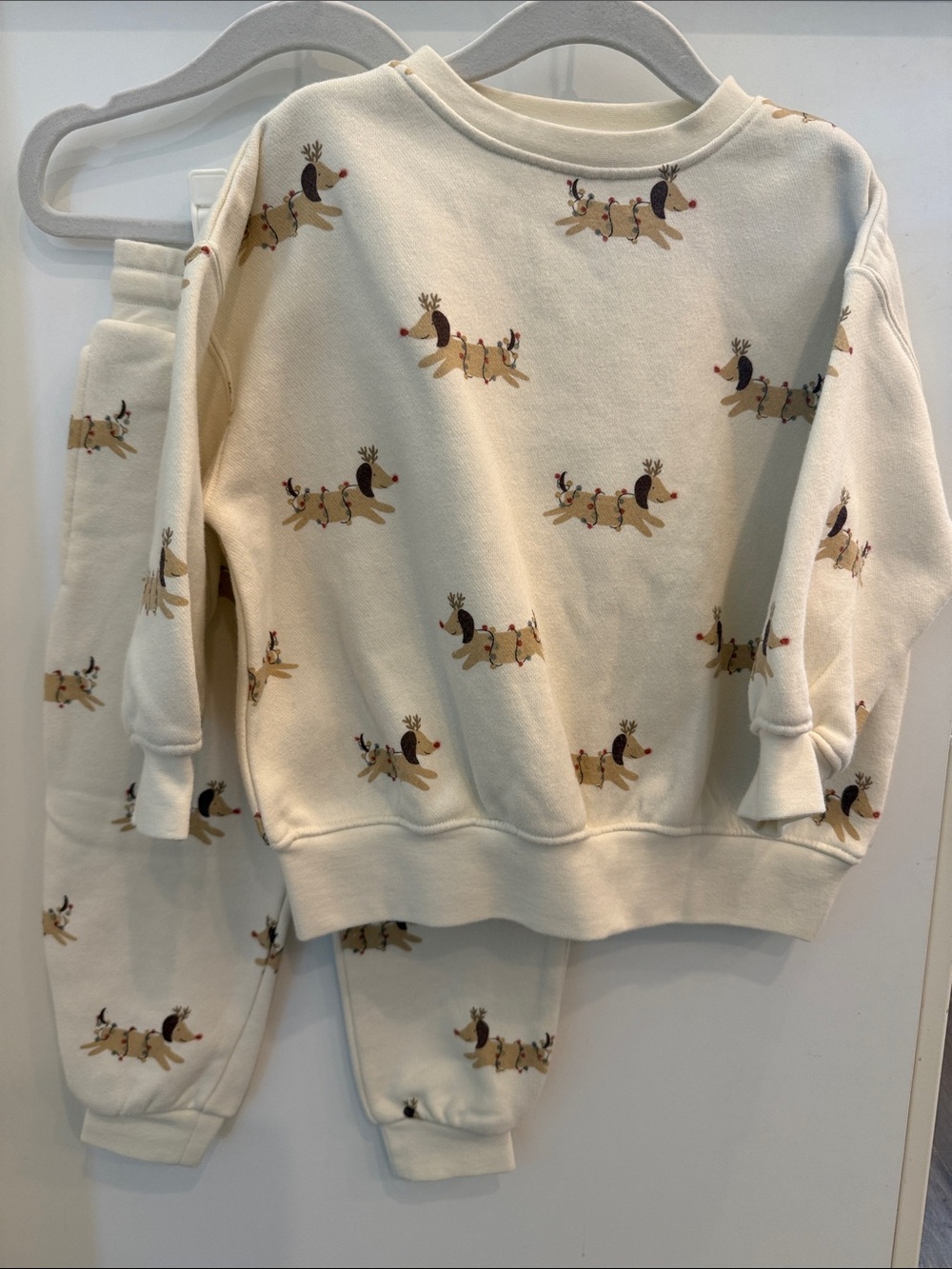 Rylee + Cru Cream Reindeer Print Kids jogger set